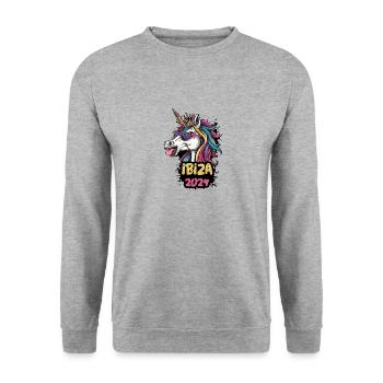Ibiza 2024 Einhorn - Unisex Pullover - Weißgrau meliert - Vorne - Alina (178cm) & Michal (187cm)