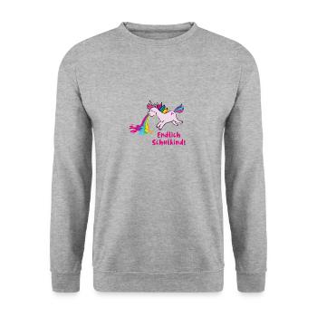 einhorn,schulkind,kotzendes einhorn,pink - Unisex Pullover - Weißgrau meliert - Vorne - Alina (178cm) & Michal (187cm)