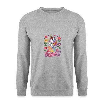 Einzigartiger Einhorn 20. Geburtstag Blumen Design - Unisex Pullover - Weißgrau meliert - Vorne - Alina (178cm) & Michal (187cm)