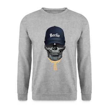 Cooler Totenkopf Hip Hop Style, Schriftzug Berlin - Unisex Pullover - Weißgrau meliert - Vorne - Alina (178cm) & Michal (187cm)