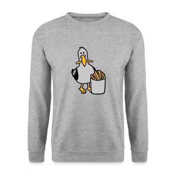 Glückliche Möwe geklaute Pommes - Unisex Pullover - Weißgrau meliert - Vorne - Alina (178cm) & Michal (187cm)