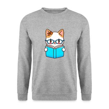 Kawaii Katze Liest Buch Kater Literatur - Unisex Pullover - Weißgrau meliert - Vorne - Alina (178cm) & Michal (187cm)