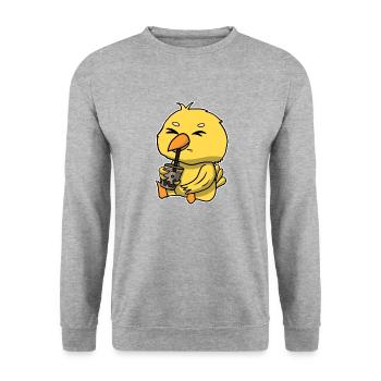 Anime Kawaii Bubble Tea Drinking Yellow Bird - Unisex Sweatshirt - salt & pepper - Front - Alina (178cm) & Michal (187cm)