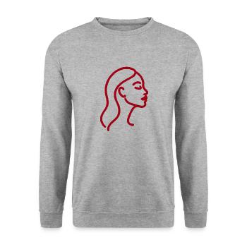 Line Art Frau Profil – Minimalistische - Unisex Pullover - Weißgrau meliert - Vorne - Alina (178cm) & Michal (187cm)