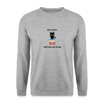Das Leben ist besser mit Katzen und Büchern - Livres chats - Unisex Pullover - Weißgrau meliert - Vorne - Alina (178cm) & Michal (187cm)