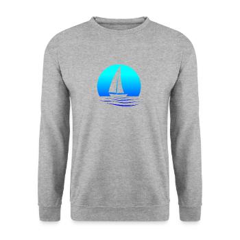 Segelboot Design mit blaugrünem Verlauf - Unisex Pullover - Weißgrau meliert - Vorne - Alina (178cm) & Michal (187cm)