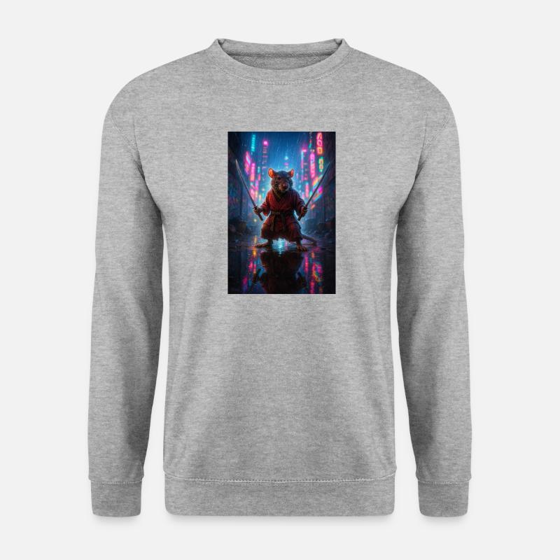 Ratten-Ninja mit Katanas in einer Neon-Stadtlandschaft - Unisex Pullover - Weißgrau meliert