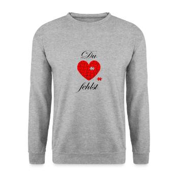 Schriftzug schwarz Du fehlst mit Herz Puzzle - Unisex Pullover - Weißgrau meliert - Vorne - Alina (178cm) & Michal (187cm)