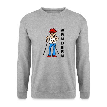 Mann mit Stock und Hut geht Wandern - Wanderer - Unisex Pullover - Weißgrau meliert - Vorne - Alina (178cm) & Michal (187cm)