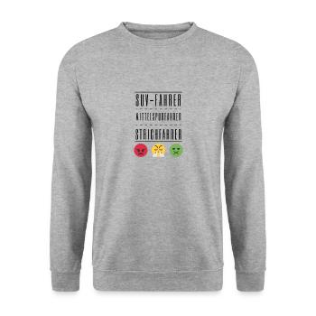 SUV-Fahrer Mittelspurfahrer Strichfahrer - Chaos! - Unisex Pullover - Weißgrau meliert - Vorne - Alina (178cm) & Michal (187cm)