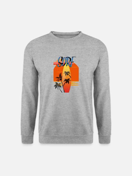 Surfbrett mit Sonnenuntergang Rot - Palmen - Unisex Pullover - Weißgrau meliert