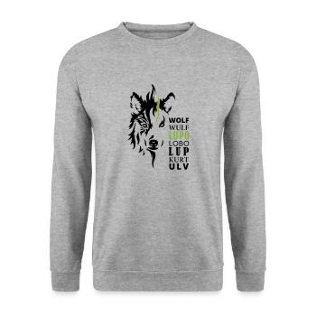 GOWILD wolf motif - with 7 languages - Unisex Sweatshirt - salt & pepper - Front - Alina (178cm) & Michal (187cm)