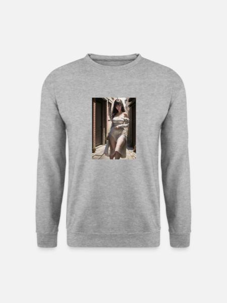 Frau in einer Gasse, Stadt, generierte KI - Unisex Pullover - Weißgrau meliert