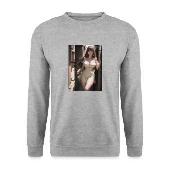 Woman in a alley, town,Generated AI - Unisex Pullover - Weißgrau meliert - Vorne - Alina (178cm) & Michal (187cm)