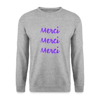 MERCI. THANKS. THANK YOU. ANNIVERSAIRE. NAISSANCE. - Sweat-shirt Unisexe - gris chiné - Devant - Alina (178cm) & Michal (187cm)
