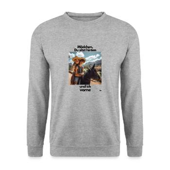 Malle Mädchen auf dem Pferd Du sitzt hinten - Unisex Pullover - Weißgrau meliert - Vorne - Alina (178cm) & Michal (187cm)