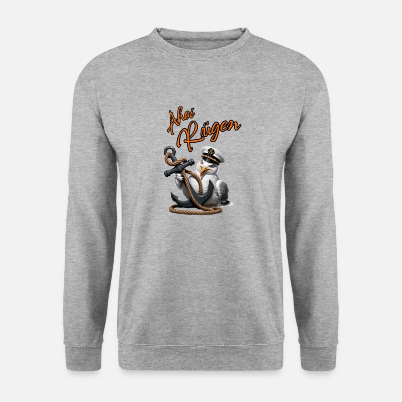 Ahoi Rügen ! lustige Möwe mit Anker - Unisex Pullover - Weißgrau meliert