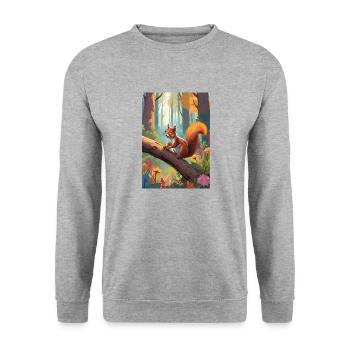 Eichhörnchen im Wald Grün - Unisex Pullover - Weißgrau meliert - Vorne - Alina (178cm) & Michal (187cm)