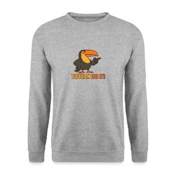 Tukan macht es – Motivationsvogel - Unisex Pullover - Weißgrau meliert - Vorne - Alina (178cm) & Michal (187cm)