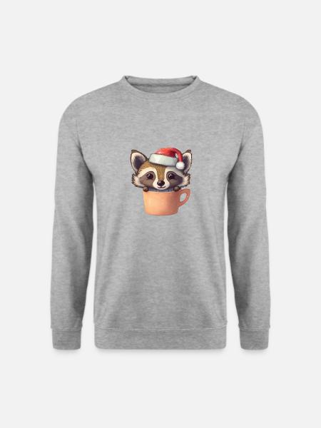 Süßes Weihnachtstier in einem Becher - Waschbär - Unisex Pullover - Weißgrau meliert