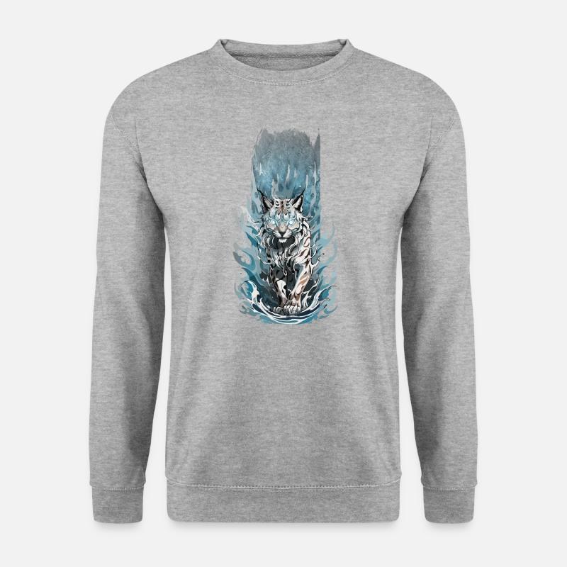 Mythischer Blick: Luchs mit leuchtenden Augen - Unisex Pullover - Weißgrau meliert