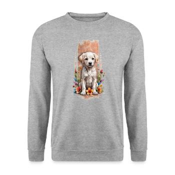 Blumenbegleiter: Labrador-Welpe inmitten von Blüten - Unisex Pullover - Weißgrau meliert - Vorne - Alina (178cm) & Michal (187cm)