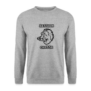 Session Chasse : Sanglier + Fusil de Chasseur - Sweat-shirt Unisexe - gris chiné - Devant - Alina (178cm) & Michal (187cm)