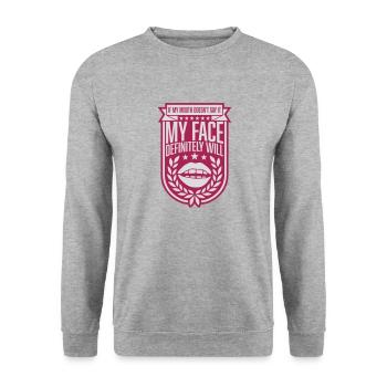 my face definitely will - Unisex Pullover - Weißgrau meliert - Vorne - Alina (178cm) & Michal (187cm)