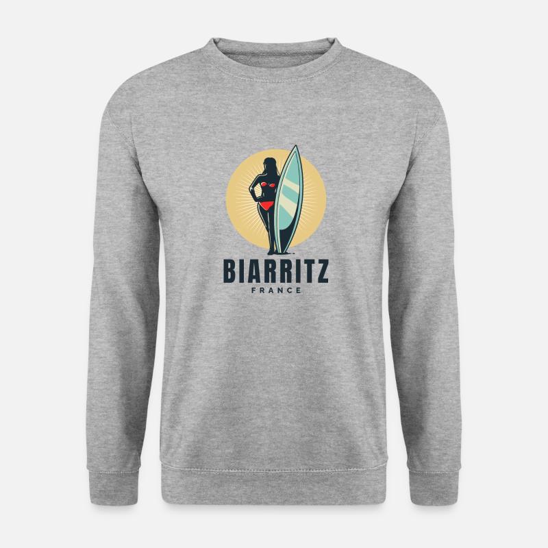 Biarritz Frankreich Retro Surfer Mädchen - Unisex Pullover - Weißgrau meliert