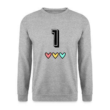 1. 1 AN. 1er ANNIVERSAIRE. ANNIVERSAIRE 1 AN - Sweat-shirt Unisexe - gris chiné - Devant - Alina (178cm) & Michal (187cm)