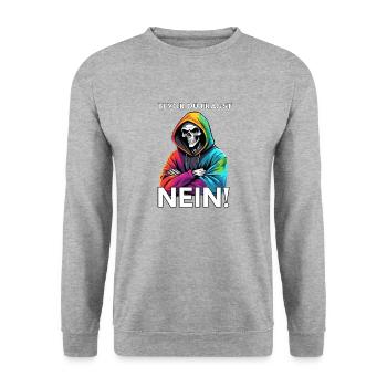 Bevor du fragst NEIN Lustiger Spruch - Unisex Pullover - Weißgrau meliert - Vorne - Alina (178cm) & Michal (187cm)