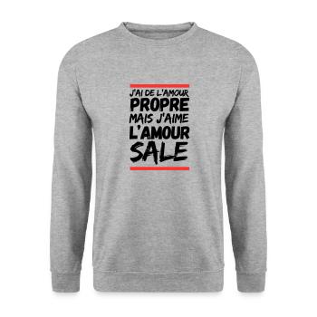 J’ai d’l’amour propre mais j’aime l’amour sale - Sweat-shirt Unisexe - gris chiné - Devant - Alina (178cm) & Michal (187cm)