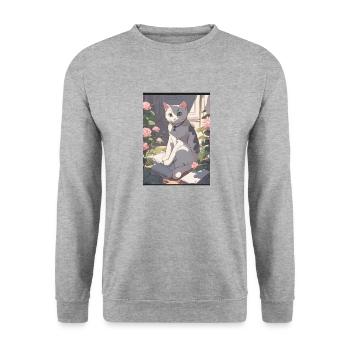 Cute Cat :3 90s Anime Style - Unisex Pullover - Weißgrau meliert - Vorne - Alina (178cm) & Michal (187cm)