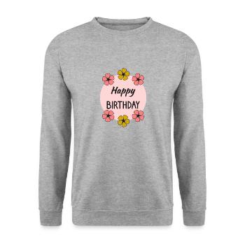 JAHRESTAG. ALLES GUTE ZUM GEBURTSTAG!. ALLES GUTE ZUM GEBURTSTAG!. - Unisex Pullover - Weißgrau meliert - Vorne - Alina (178cm) & Michal (187cm)