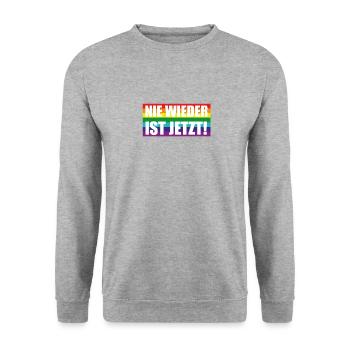 Nie Wieder Ist Jetzt Spruch Schriftzug - Unisex Pullover - Weißgrau meliert - Vorne - Alina (178cm) & Michal (187cm)