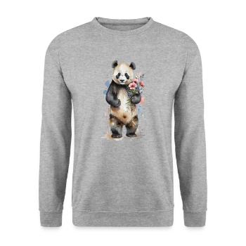 Sanfter Riese mit Blumen - Aquarell Panda - Unisex Pullover - Weißgrau meliert - Vorne - Alina (178cm) & Michal (187cm)