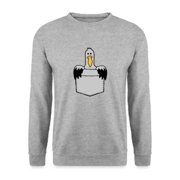 Brusttasche Möwe Unterwegs mitnehmen - Unisex Pullover - Weißgrau meliert - Vorne - Alina (178cm) & Michal (187cm)