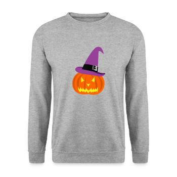 Halloween Kürbis und Hut - Unisex Pullover - Weißgrau meliert - Vorne - Alina (178cm) & Michal (187cm)