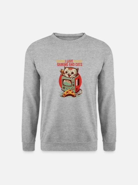 Videospiel CAT Lover Funny Gaming - Unisex Pullover - Weißgrau meliert