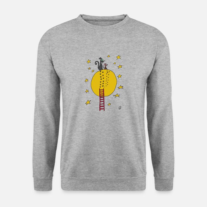 Squiti die schwarze Katze mit Maus auf dem Mond - Unisex Pullover - Weißgrau meliert