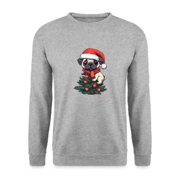 Weihnachts-Mops - Niedlicher Baumwächter - Unisex Pullover - Weißgrau meliert - Vorne - Alina (178cm) & Michal (187cm)