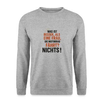 was ist besser als eine Frau die Motorrad fährt? - Unisex Pullover - Weißgrau meliert - Vorne - Alina (178cm) & Michal (187cm)