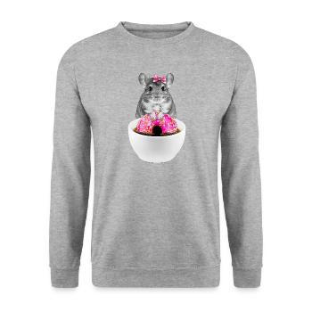 Lustiger Hamster mit rosa Donuts und Schleife - Unisex Pullover - Weißgrau meliert - Vorne - Alina (178cm) & Michal (187cm)