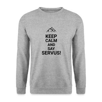 Keep calm and say Servus Gebirge Alpen wandern - Unisex Pullover - Weißgrau meliert - Vorne - Alina (178cm) & Michal (187cm)