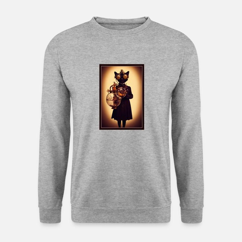 Steampunk-Katze - Unisex Pullover - Weißgrau meliert