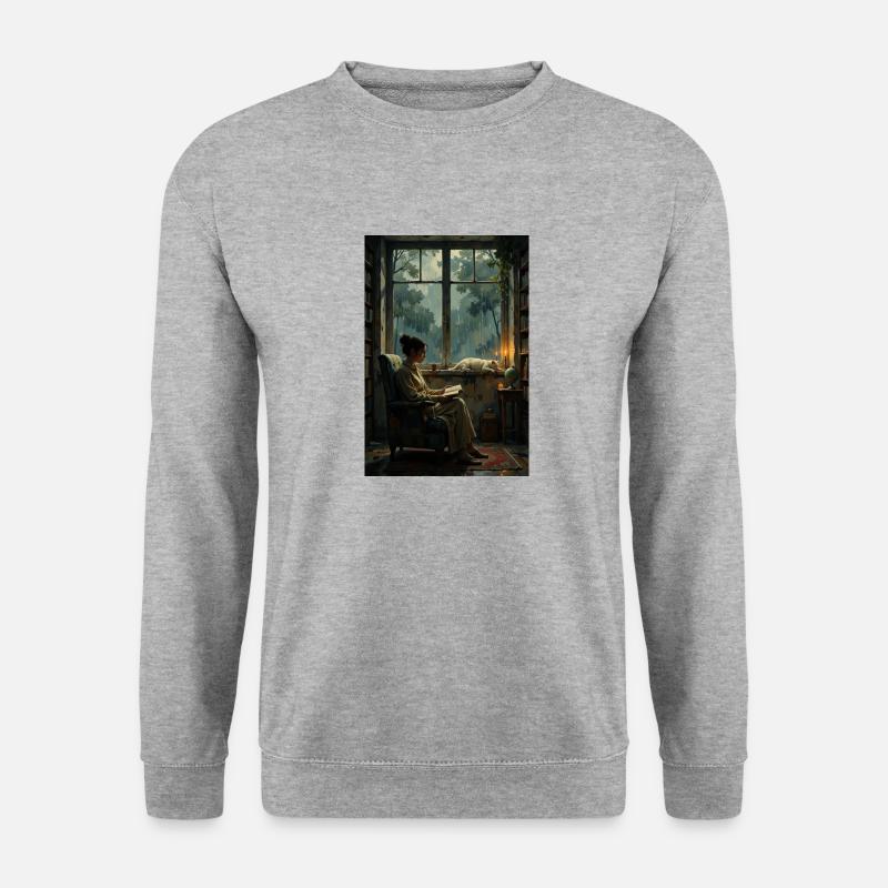 Eine Frau mit einer Katze. - Unisex Pullover - Weißgrau meliert