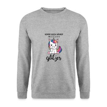 Einhorn Stinkefinger (bunt/schwarz) - Unisex Pullover - Weißgrau meliert - Vorne - Alina (178cm) & Michal (187cm)