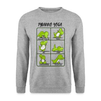 TRex Yoga für Frauen & Männer | Namaste Om Dinosaurier-Licht - Unisex Pullover - Weißgrau meliert - Vorne - Alina (178cm) & Michal (187cm)