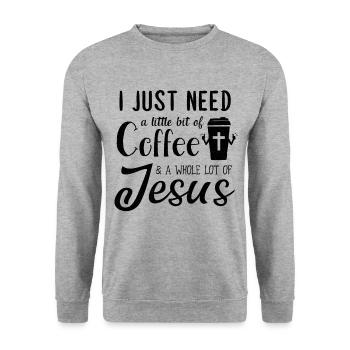 Jesus and Coffee Caffeine Christ believe barista - Unisex Pullover - Weißgrau meliert - Vorne - Alina (178cm) & Michal (187cm)