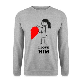 Valentinstag|Love Him - Unisex Pullover - Weißgrau meliert - Vorne - Alina (178cm) & Michal (187cm)